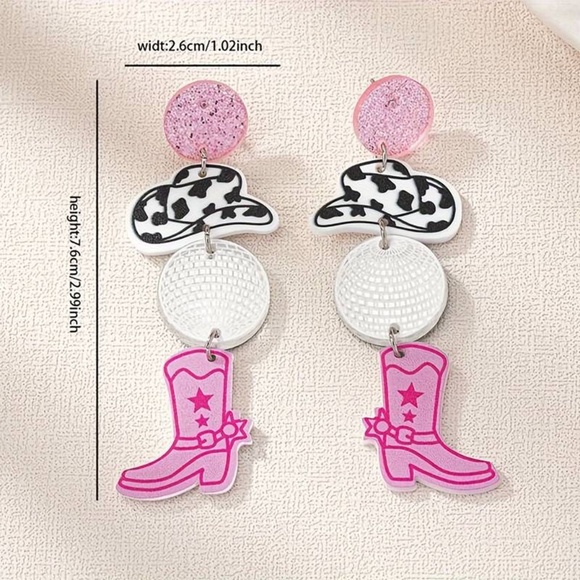 Western Cowgirl Hat Disco Ball Boots Design Dangle Earrings - Picture 3 of 3